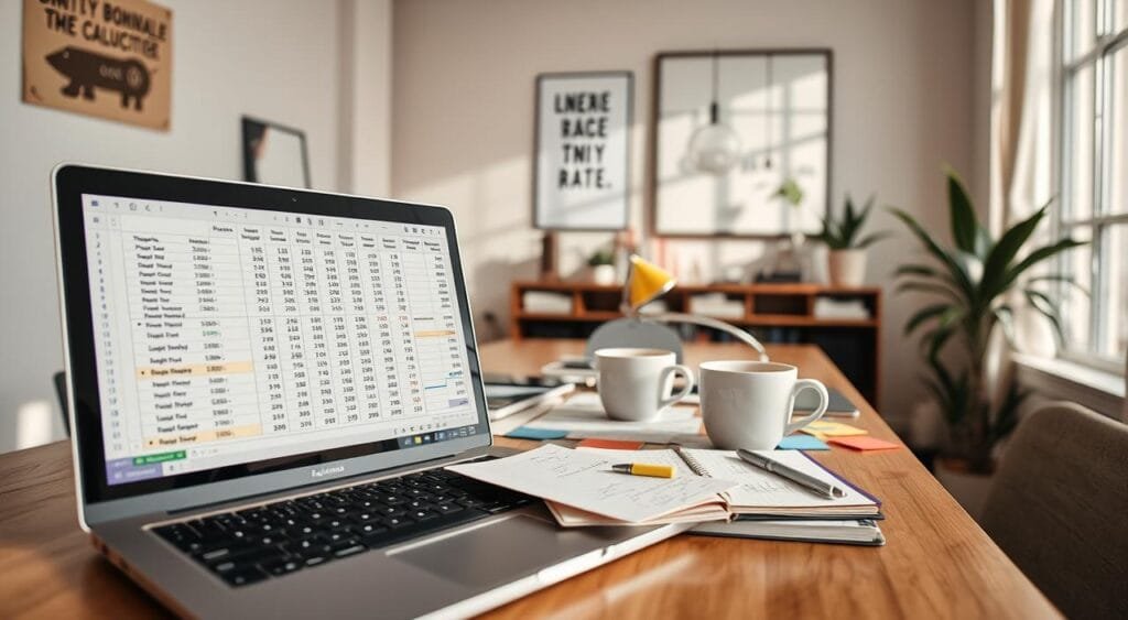 A well-organized workspace showcasing freelance rate calculation. In the foreground, a laptop displays a spreadsheet filled with numbers and graphs, alongside a calculator and a notepad with handwritten notes. The middle ground features a stylish desk cluttered with colorful sticky notes and a cup of coffee, symbolizing creativity and focus. In the background, a large window lets in soft, natural light, illuminating the room and casting gentle shadows. The setting has a warm, inviting atmosphere, with a motivational poster on the wall, hinting at professional growth. The scene embodies a balanced work environment, encouraging a sense of productivity and inspiration for freelancers reassessing their rates periodically.