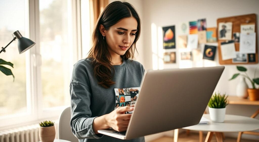 A young professional woman in a modern, well-lit home office, showcasing her impressive digital portfolio on a sleek laptop. In the foreground, her focused expression highlights determination as she reviews her online portfolio filled with vibrant images of graphic design work. The middle ground features a stylish desk adorned with stationery, a potted plant, and a mood board filled with creative inspirations. In the background, soft natural light streams through a large window, casting warm shadows, adding a cozy yet productive atmosphere. The camera angle is slightly elevated, capturing both the subject and her impressive workspace, reflecting a sense of achievement and potential. The mood is inspiring and optimistic, ideal for beginners in freelancing.